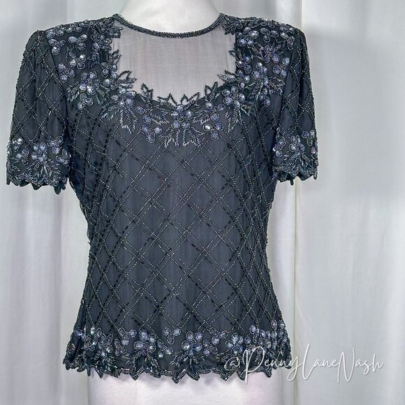 Stenay Vintage 80'S Floral Sequin Beaded Mesh Trim Blouse Black - Picture 4 of 14